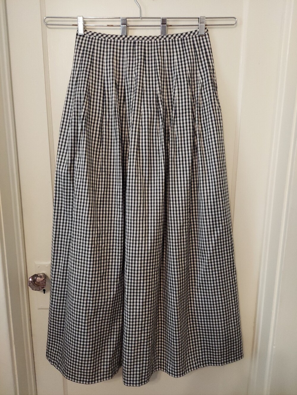 VTG Maggie London Maxi Skirt Womens 12P Gingham Pleated 100%Silk Cocktail Office